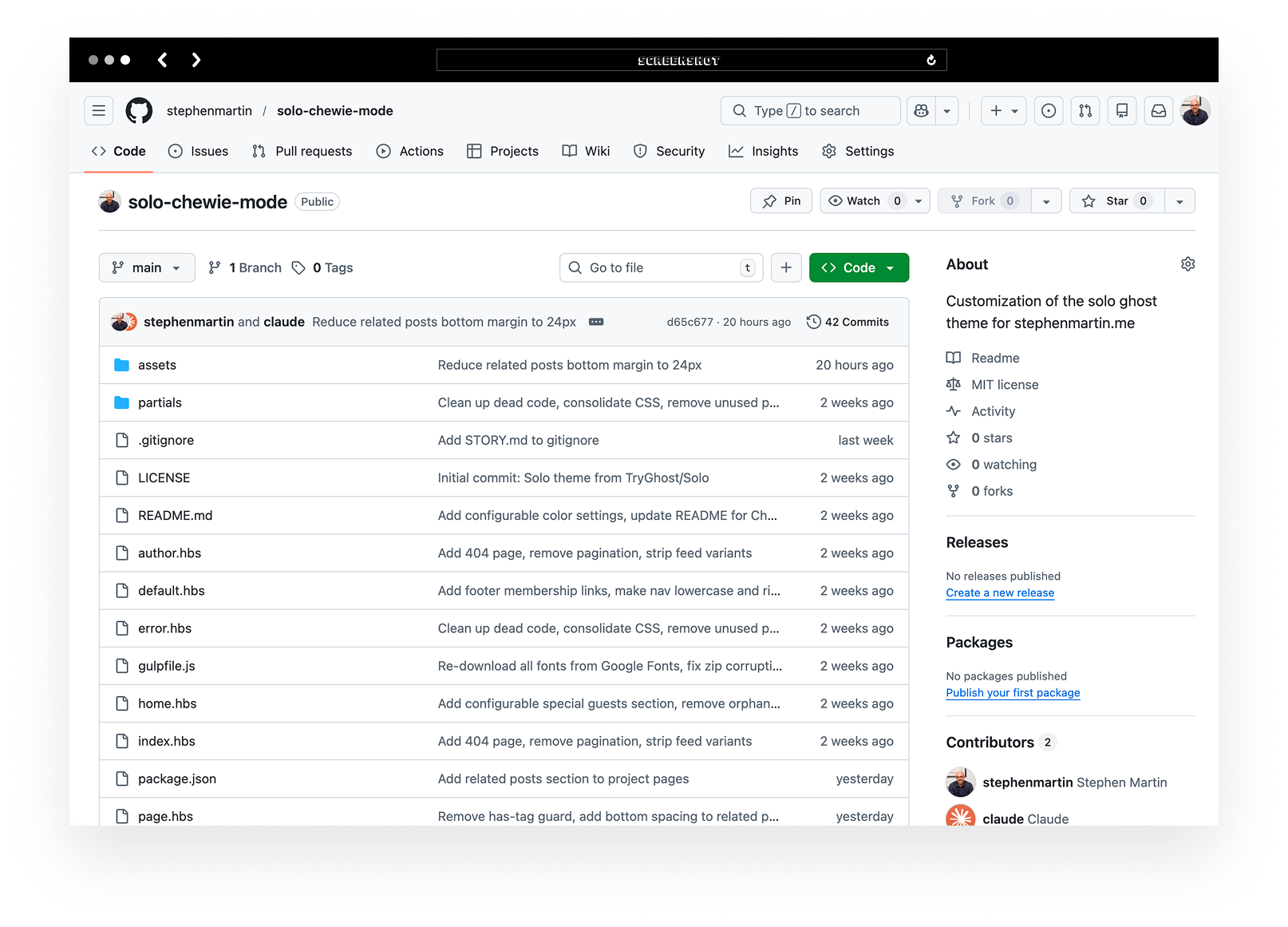 Screenshot showing the Github repo for Chewie Mode, a modified version of the Solo Ghost theme.